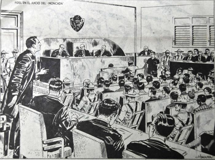 Dibujo sobre el comienzo del juicio del Moncada (pues fueron prohibidas las fotos) Fidel, como abogado exigió, el 21 de septiembre de 1953, el derecho de asumir su propia defensa. Fue retirado luego, en la tercera sesión del juicio, celebrada en la sala del Pleno del edificio de la audiencia. Su alegato de autodefensa, conocido como La Historia me Absolverá –palabras con las que concluyó su discurso– fue pronunciado el 16 de octubre del propio año, en una sala de justicia improvisada en una pequeña habitación del Hospital de Santiago, utilizado como cuarto de estudio de las enfermeras. Dibujo sobre el comienzo del juicio del Moncada (pues fueron prohibidas las fotos) Fidel, como abogado exigió, el 21 de septiembre de 1953, el derecho de asumir su propia defensa. Fue retirado luego, en la tercera sesión del juicio, celebrada en la sala del Pleno del edificio de la audiencia. Su alegato de autodefensa, conocido como La Historia me Absolverá –palabras con las que concluyó su discurso– fue pronunciado el 16 de octubre del propio año, en una sala de justicia improvisada en una pequeña habitaci