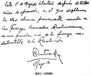 Nota manuscrita de Raúl Castro sobre el primer desfile de las milicias, el 1ro. de mayo de 1959. Foto: Raúl Castro Nota manuscrita de Raúl Castro sobre el primer desfile de las milicias, el 1ro. de mayo de 1959. Foto: Raúl Castro